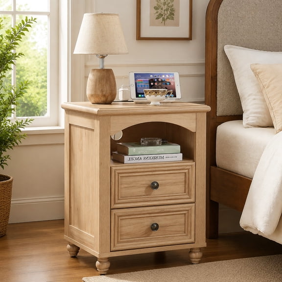 Leyaoyao Nightstand with Charging Station, Farmhouse Modern Night Stand with 2 Drawers, Rustic Wood Bedside Table for Bedroom, Living Room, Natural