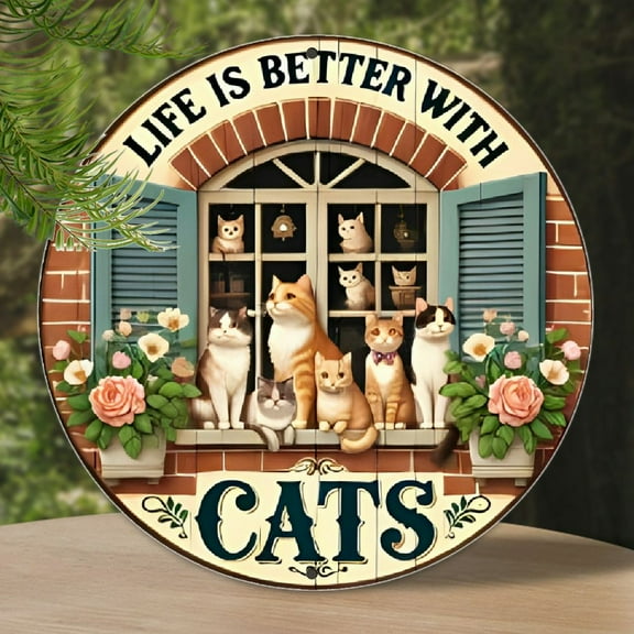 1pc Vintage "Life is Better with Cats" Wooden Round Sign, 7.87x7.87 inches, Classic Cat Themed Wall Decor, Farmhouse Porch Bedroom Decor, Perfect for Home & Kitchen, No Power Needed