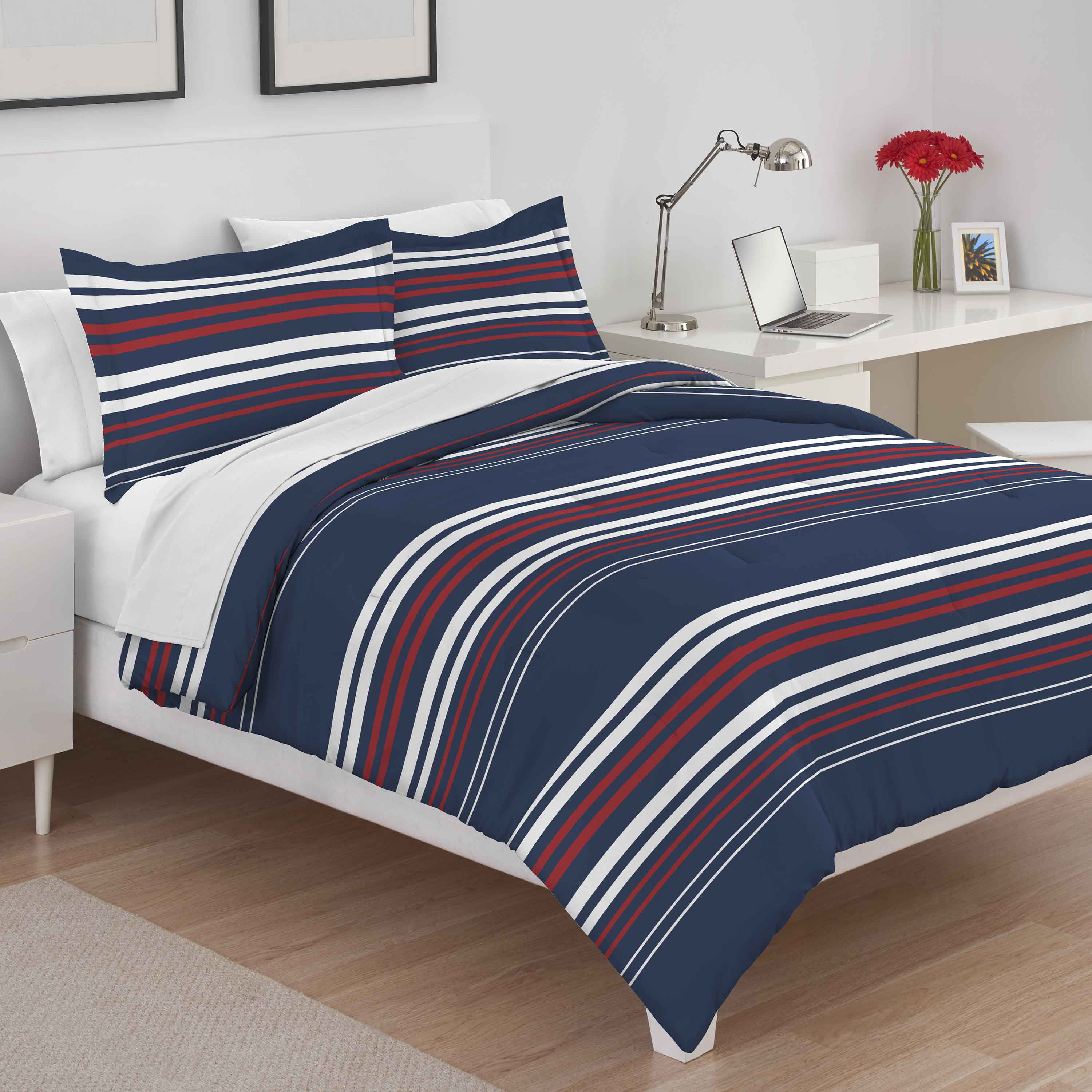 red and blue comforter floral