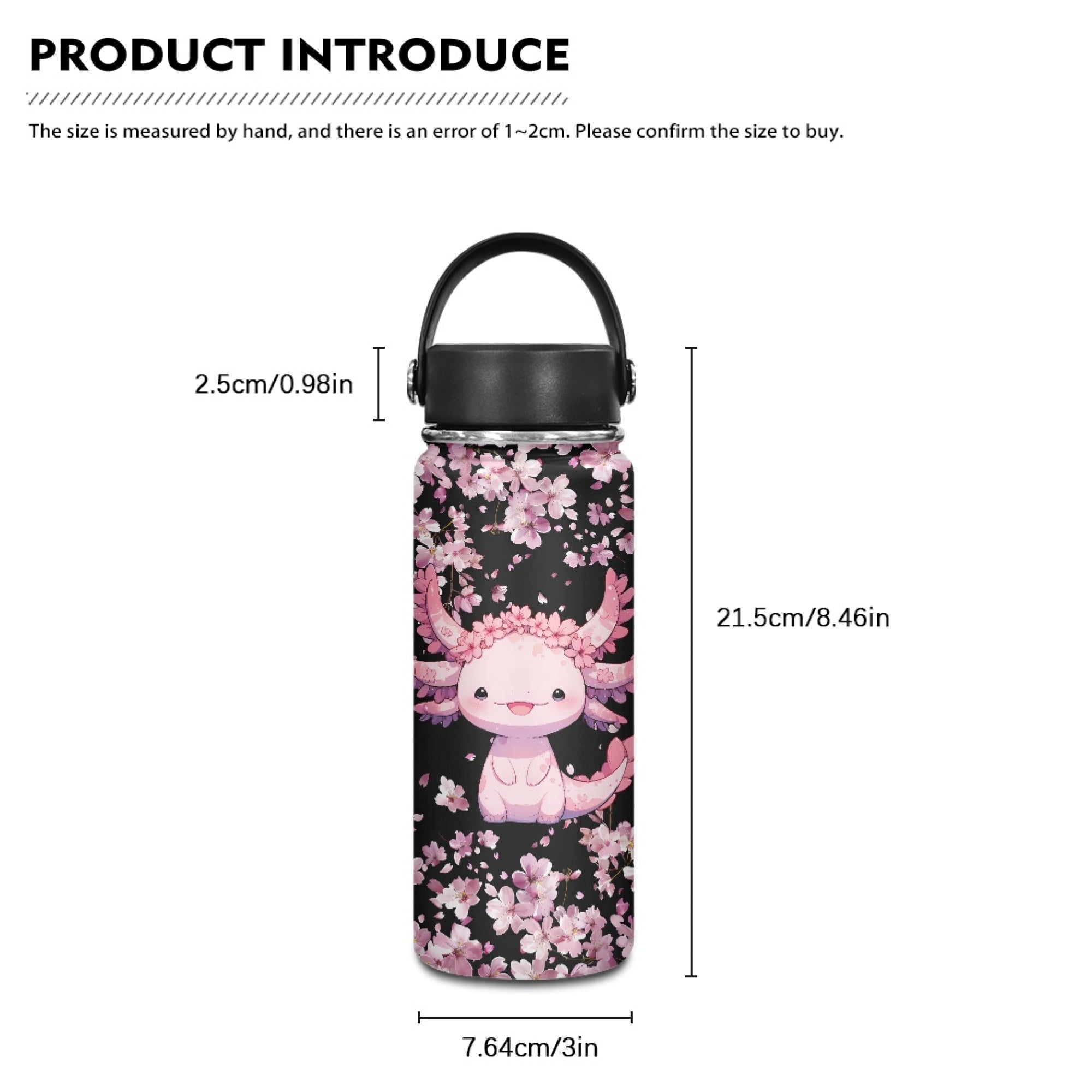 SEANATIVE Cherry Blossom Water Bottle Cute Water Bottle with Lid and Carry Loop Pink Axolotl Drinking Bottle 18oz Leakproof Canteen Boys School Sport Water Bottles