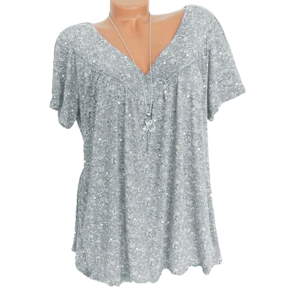 Lenago Women's Plus Size Floral Printed Short Sleeve V-Neck T-Shirt Pleated Casual Flowy Tunic Blouse Tops