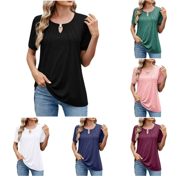 New summer arrivals Olyvenn Women Plus Size Summer Tops Crewneck Puff Sleeve Pleated Keyhole Casual Loose Tee T-Shirts Fashion Trendy Tops for Women 2025 Black 12-14