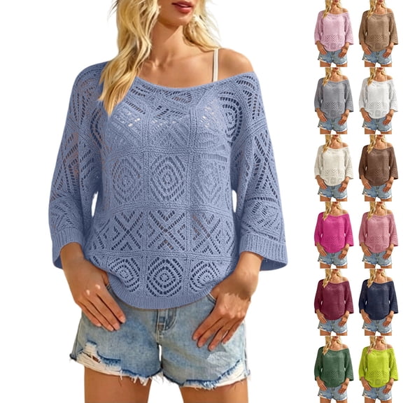 Siminsem Women's Crochet Long Sleeve V Neck Loose Fitting Top 2026 Summer Lightweight Boho Beach Cover Up Blouse Casual Resort Cruise Vacation Outfit Trendy Spring Sweater, Sky Blue, S