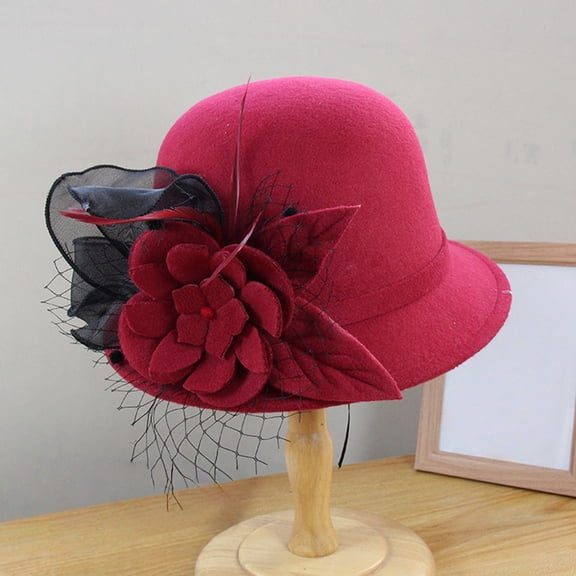 Womens Hats Vintage Cloche Bowler Nylon Spandex Blend Floral Decor Elegant Round Top Hat for Wedding Church Formal Daily Wear Wine