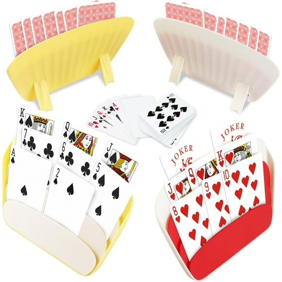 4Pcs Card Holders for Playing Cards Adults Seniors 3 Layers Foldable Design Cards Game Holder with Tabletop Stand Hands Free Playing Card Accessory for UNO Poker Little Hands Arthritis Hands