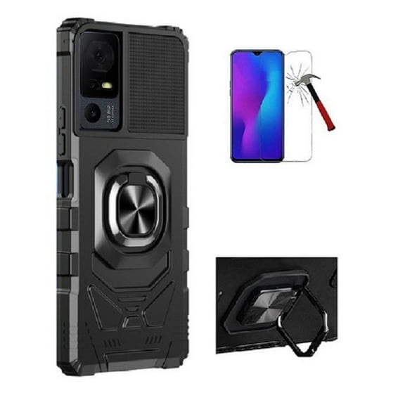 Phone Case for TCL 40XE 5G, Ring Kickstand Hybrid Case Cover   Tempered Glass (Black)