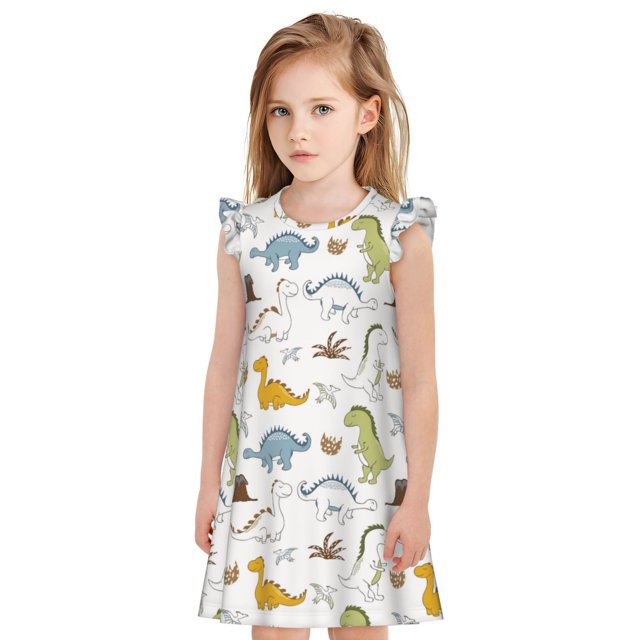 Fotbe Dinosaur Vestido de Dormir para Niñas de 3 a 10 Años, Mangas Cortas, Estilo Princesa, Pijama Camisón con Mangas Voladas-Large
