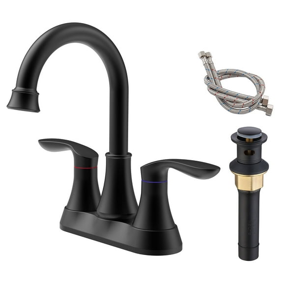 Bathroom Faucet Matte Black with Pop-up Drain & Supply Hoses 2-Handle 360 Degree High Arc Swivel Spout Centerset 6 Inch Vanity Sink Faucet 4011B-MB
