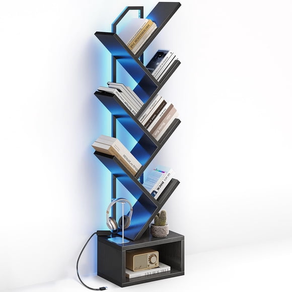 Casaottima Librero de árbol de 6 niveles con luz LED RGB, 40 x 18 x 110 cm