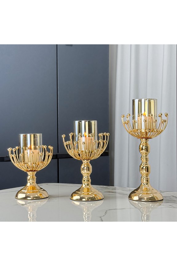 Gold Glass Candle Holders Set of 3, Candlestick Holders with Floral Stamen Decor, Large Medium Small Sizes