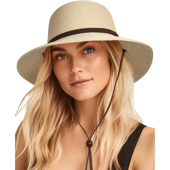 Minzimin Womens Wide Brim Sun Hat with Wind Lanyard UPF Summer Straw Sun Hats for Women