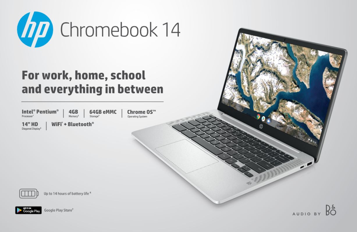 Restored HP 14" HD Chromebook Laptop, Intel Pentium N5000, 4GB RAM, 64 GB eMMC, Silver, 14a-na0131wm