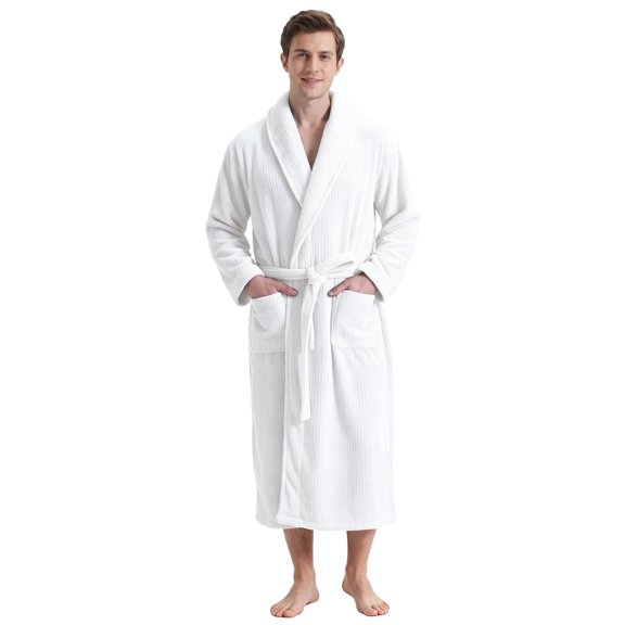Neweven Men's Shawl Collar Bathrobe, Soft Long Towel Robe for Men (White,L/XL)