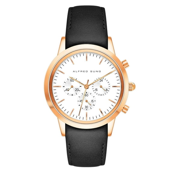 Alfred Sung Men's Chronograph Rose Gold White Dial Leather Watch
