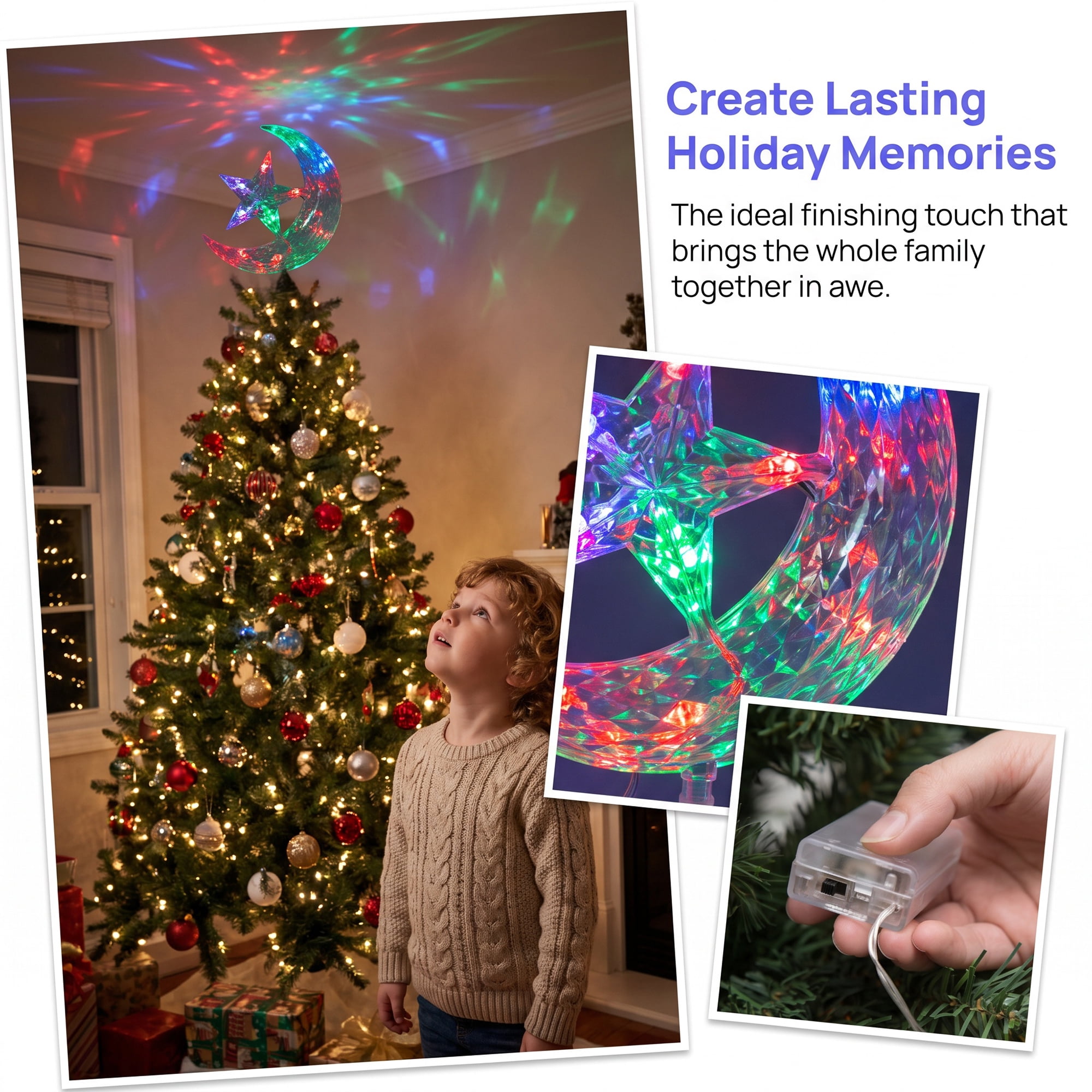 Unique Bargains Tree Finial Battery Operated Spring Mount Star Moon Multicolor Lights 7.9"