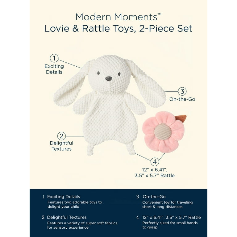 Modern Moments by Gerber Infant Unisex Plush Velboa Lovie & Rattle Toys, 2-Piece, White Bunny & Pink Flower, Size: One Size