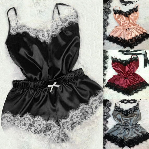 Naierhg Spaghetti Strap Lace Stitching Vest Shorts Set Imitation Satin V-Neck Sleeveless Pajama Set for Wedding Night