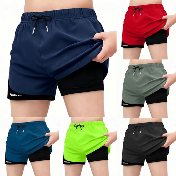 Miluxas Boys 2 in 1 Athletic Running Shorts, Built-in Liner Drawstring Waist Sport Shorts, Quick Dry Breathable Bottoms for Soccer, Training Red 16-17Years