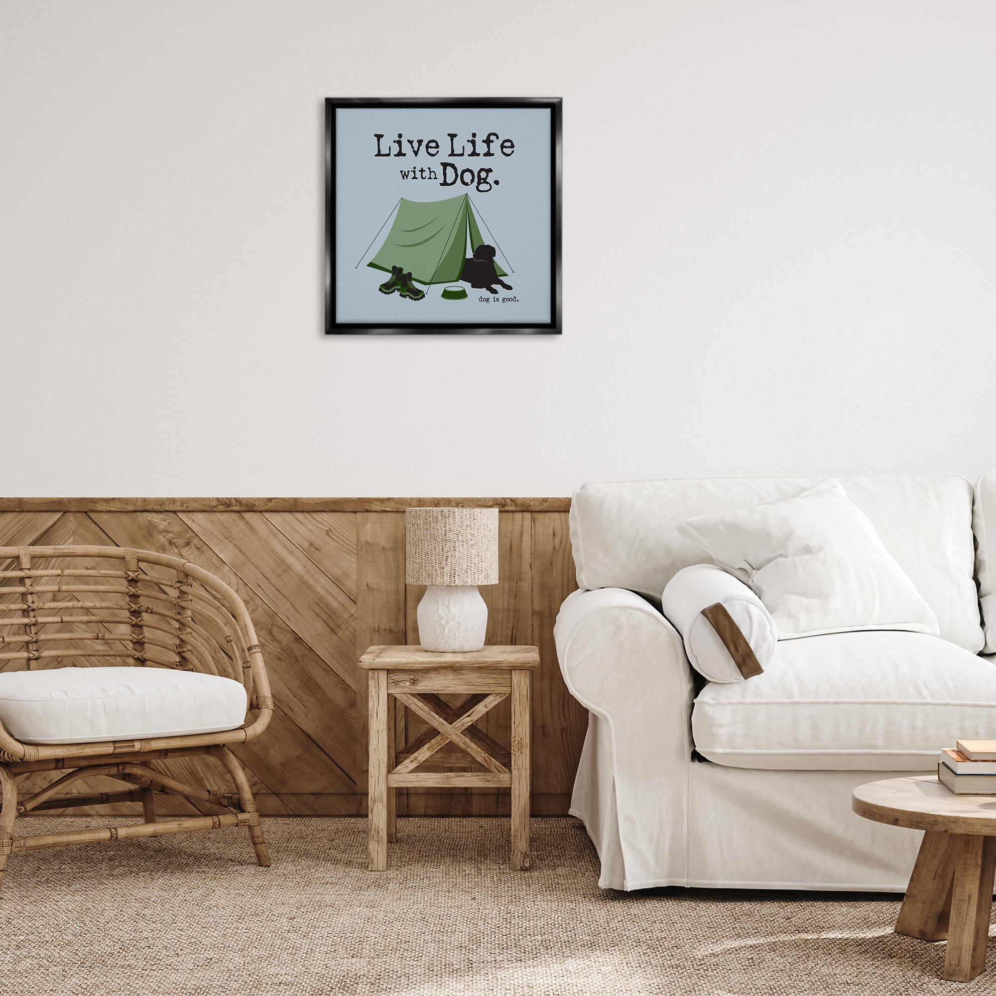Stupell Industries Camping with Dog Animals Painting Black Floater Framed Canvas Art Print Wall Art, 25 x 25