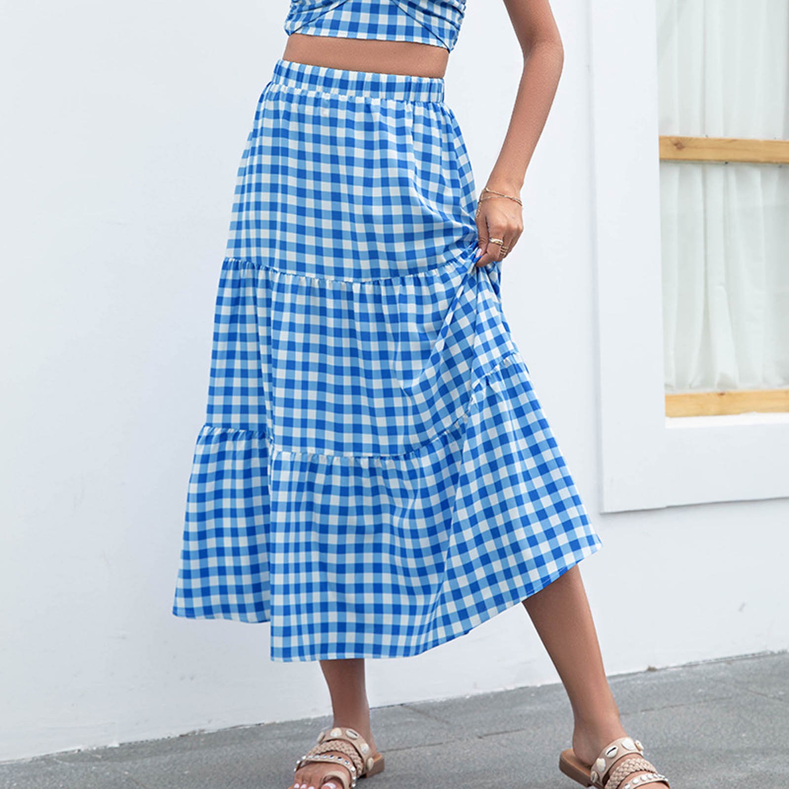 Women's Fashion Loose Casual Beach Skirt Plaid Printed Half Skirt