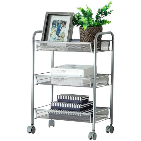 BestOffice 3-layer metal rolling trolley with basket, mesh storage utensils can be locked and practical, detachable, Silver