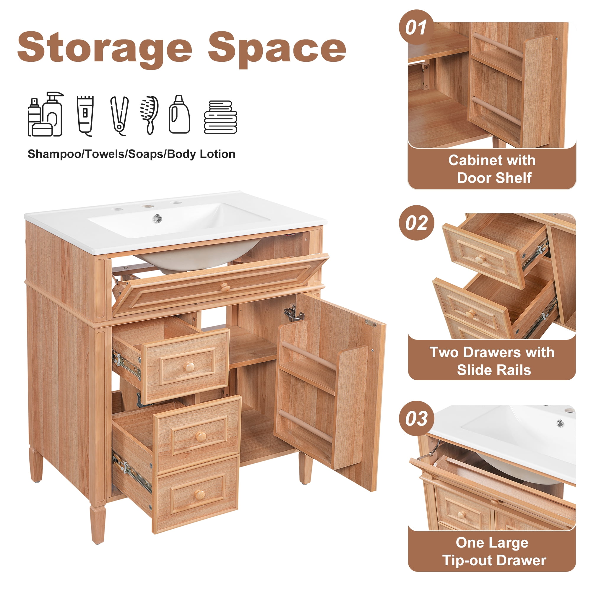 Euroco 30" Bathroom Vanity with Sink, Wood Vanity Cabinet with Flip-Out Drawer, 2 Soft-Close Drawers, 1 Soft-Close Door, Solid Wood & MDF, Elegant Wood Handles