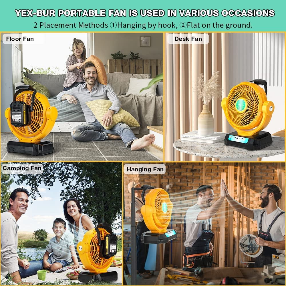 for Dewalt 20V Fan, Cordless Work Fan Powered by Dewalt 20V Max Battery/AC Cord, Quiet Brushless Fan, 3500CFM Outdoor Jobsite Fan with 3 Speeds, 4H Timer, Hanging Hook for Camping, Garage