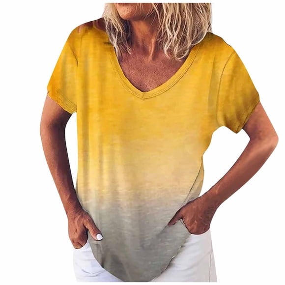 Vente de Liquidation Chemises pour Femmes Hauts Décontractés d'Entraînement pour Femmes Grande Taille Col en V Manches Courtes Imprimé Dégradé Ajusté Coton Hauts d'Été pour Femmes Tendance 2023 Offres Hebdomadaires(Jaune,m)