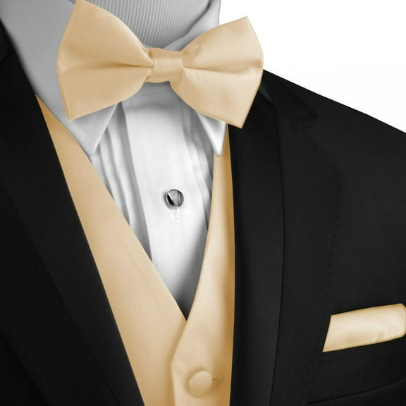 "BEST TUXEDO" Men's Formal, Wedding, Prom, Homecoming, Tuxedo Vest, Bow-Tie & Hankie Set in Champagne - XL Long