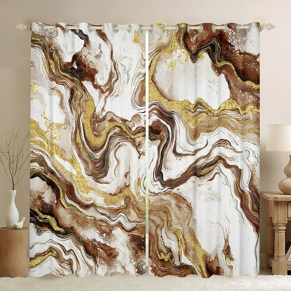 Castle Fairy Gradient Abstract Marble Black Out Curtains for Teens Boys Girls,Brown White Golden Curtains Pack Of 2 (42X63 Each),Marbling Watercolor Bedroom Curtains,Ultra Soft Home Decor