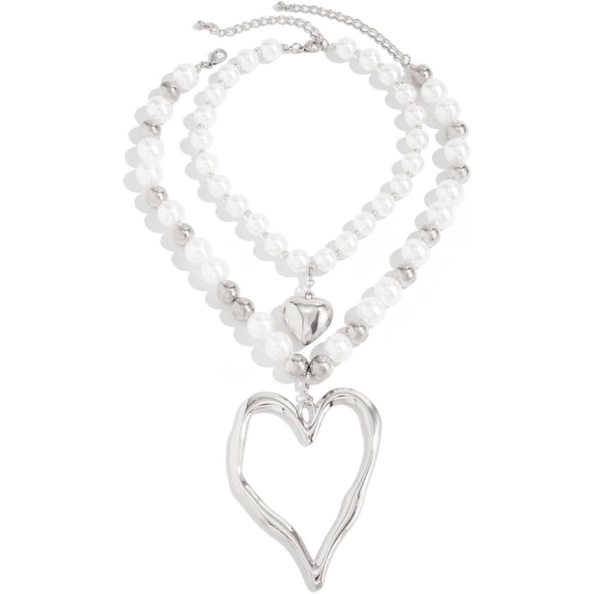 Y2k Large Hollow Heart Necklaces for Women Big Chunky Heart Pendant Necklace Exaggerated Layered Double Hearts Gold/Silver Beaded Choker Necklace Dainty Statement Jewelry Gift