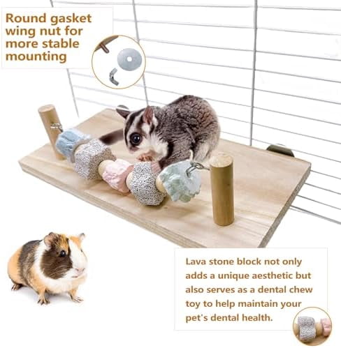 Large Syrian Hamster Wood Ledge Platform with Lava Stone Block Chew Toys Chinchilla Cage Resting Wooden Shelf for Guinea Pig Rat Mouse
