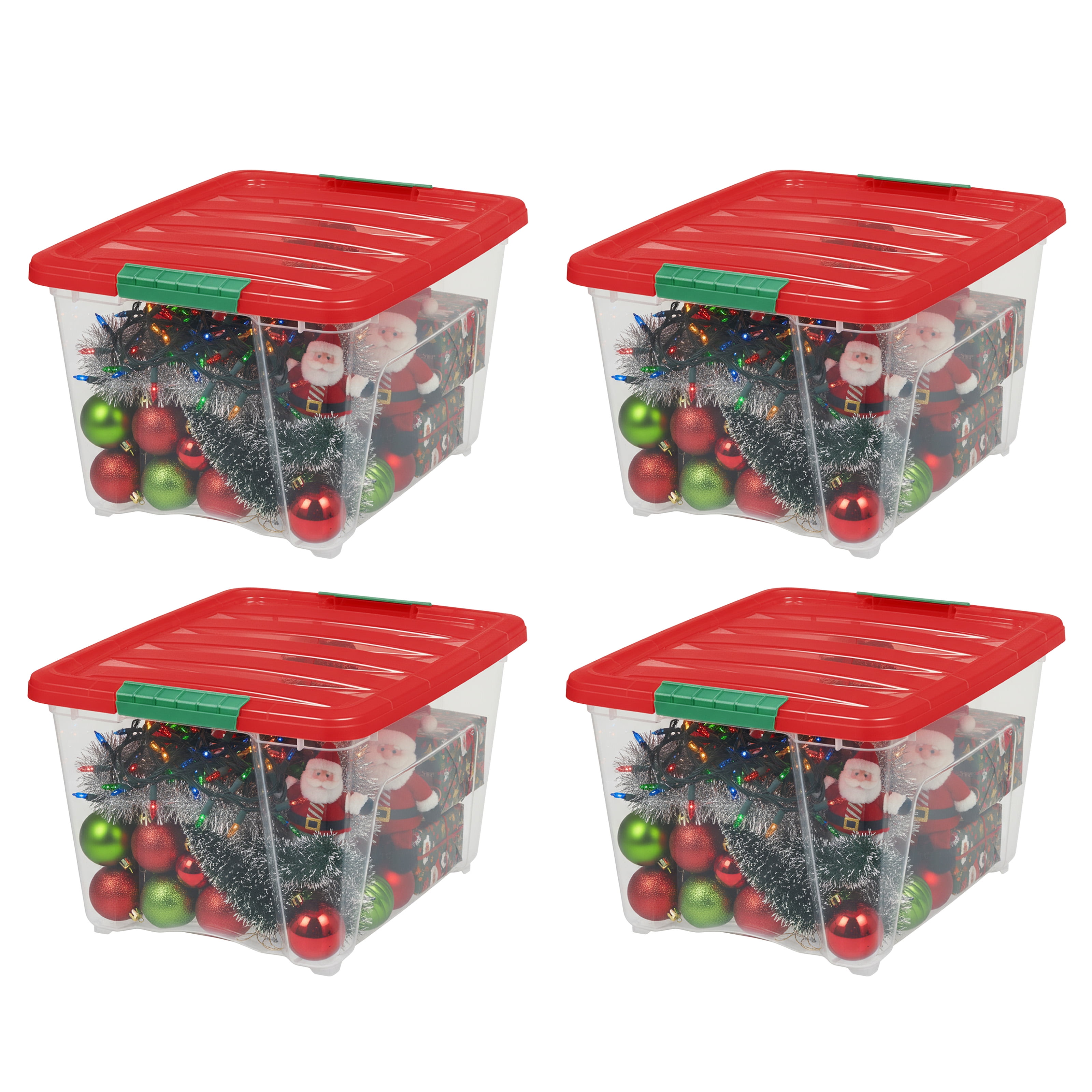 IRIS 32 Qt Stackable Holiday Plastic Storage Bins with Lids and Latching Buckles Clear Red 4 Pack