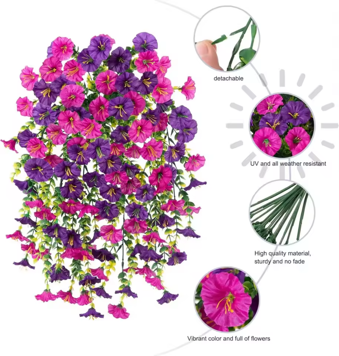 Artificial Morning Glory Hanging Vines,UV-Proof Faux Silk Flowers for Outdoor Patios, Gardens, Weddings and Indoor Decor (4 Bunches Pink-purple)
