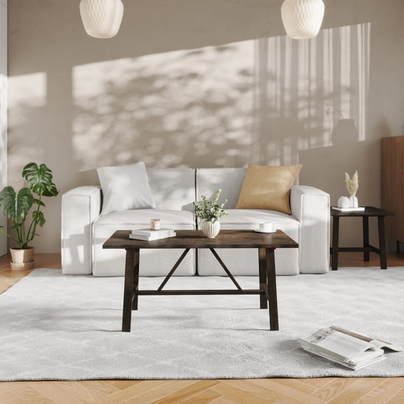 BizChair Solid Wood Farmhouse Coffee Table, Trestle Style Accent Table in Dark Gray