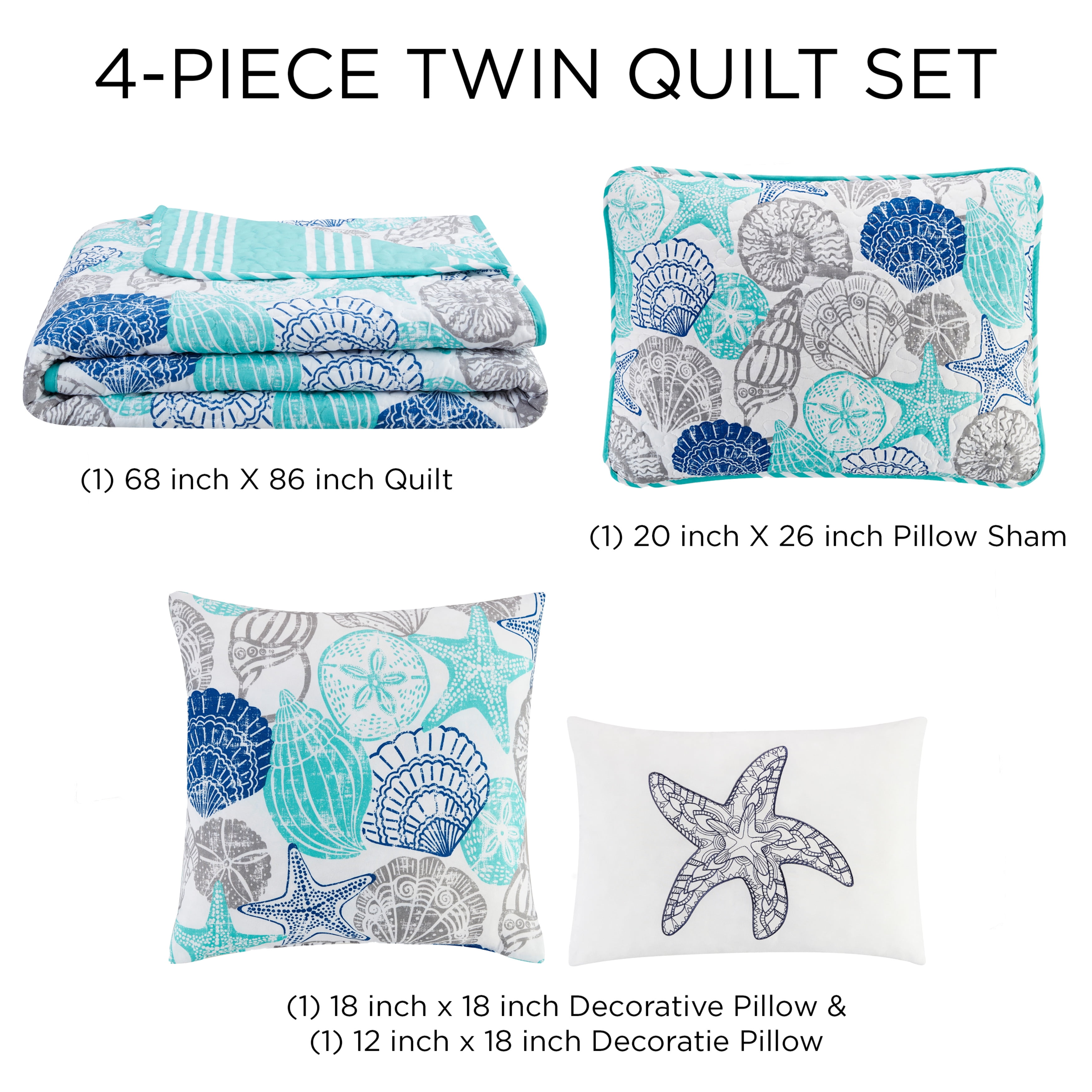 Bedding 4-piece Reversible Quilt Set, Gray/Blue/Aqua, Twin, Seashell & Starfish by Quaint Home