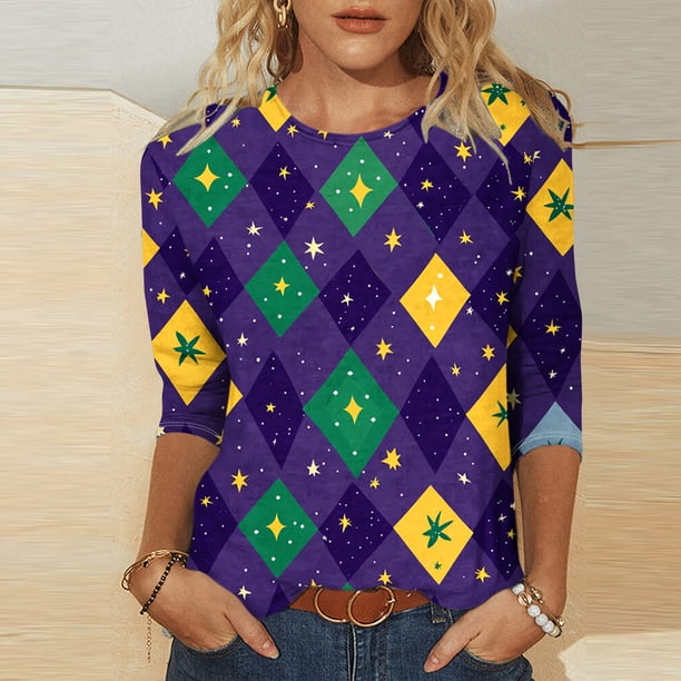 TaTaai Carnival Women's Casual Print Round Neck 3/4 Sleeve T-Shirt Loose Top Gift