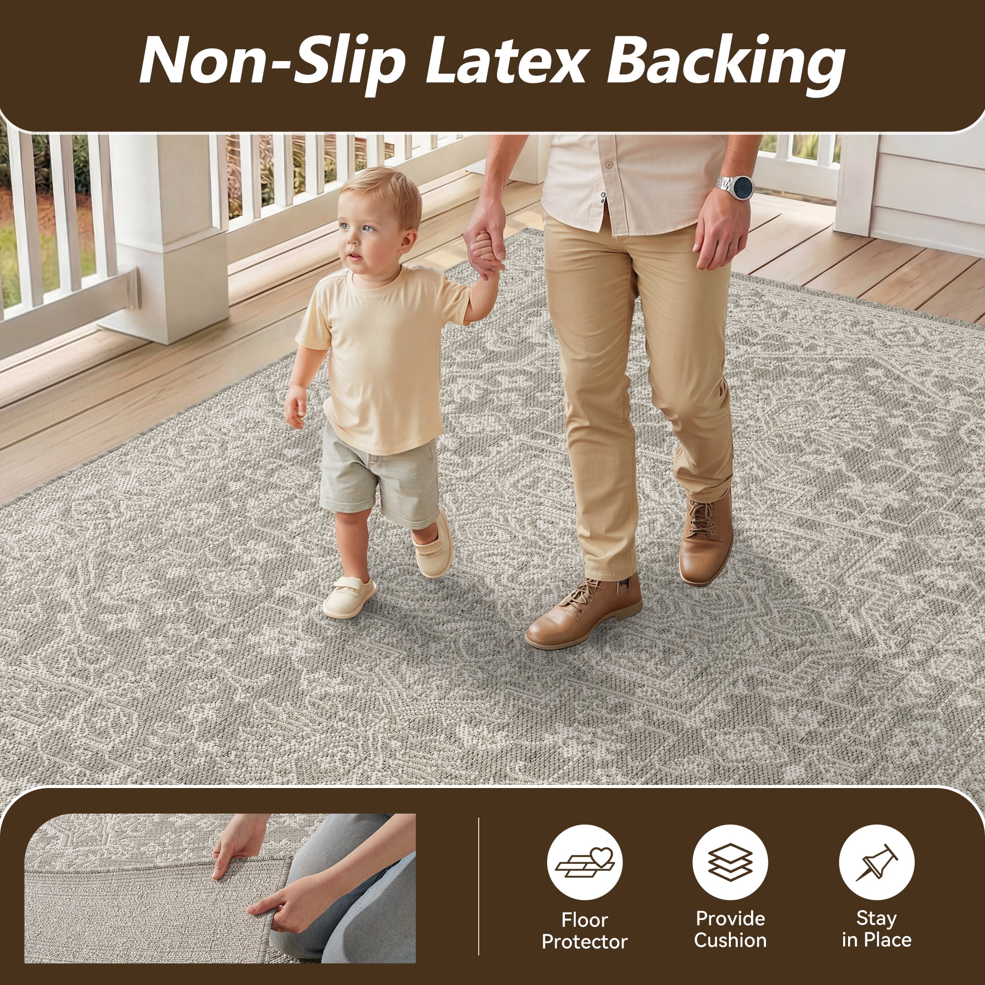 SIXHOME 4'x6' Outdoor Rug, Farmhouse Medallion Patio Rug, Indoor Outdoor Polypropylene Weave Textured Carpet, Water-Resistant, Quick-Dry Rug for Porch, Balcony, RV, Garden, Neutral Gray