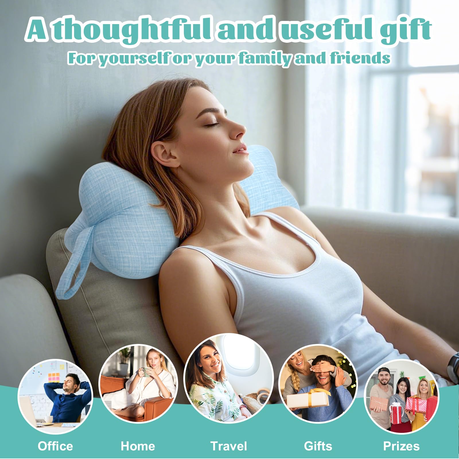 RoamReady Neck & Cervical Pillows, Dog Bone Shaped Neck Pillow with Fixed Rope & Have Loops on End, for Chiropractic Lumbar Spine, for Car Bus Truck Driving Travel Comfort Head Rest Support,Blue