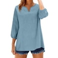 thumbnail image 3 of Craaazy Plus Size Womens Solid Color V-Neck 3/4 Sleeve Cotton Linen Blouse with Embroidery for Casual Outings Gift, 3 of 9
