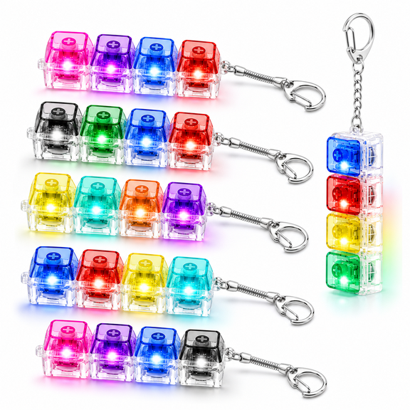 6 Pack Keyboard Fidget Keychain with LED Lights, 4-in-1 Stress Relief Clicker Toy, Keyboard Button Finger Clicker for Anxiety Relief, Sensory Decompression Toy for Kids & Adults