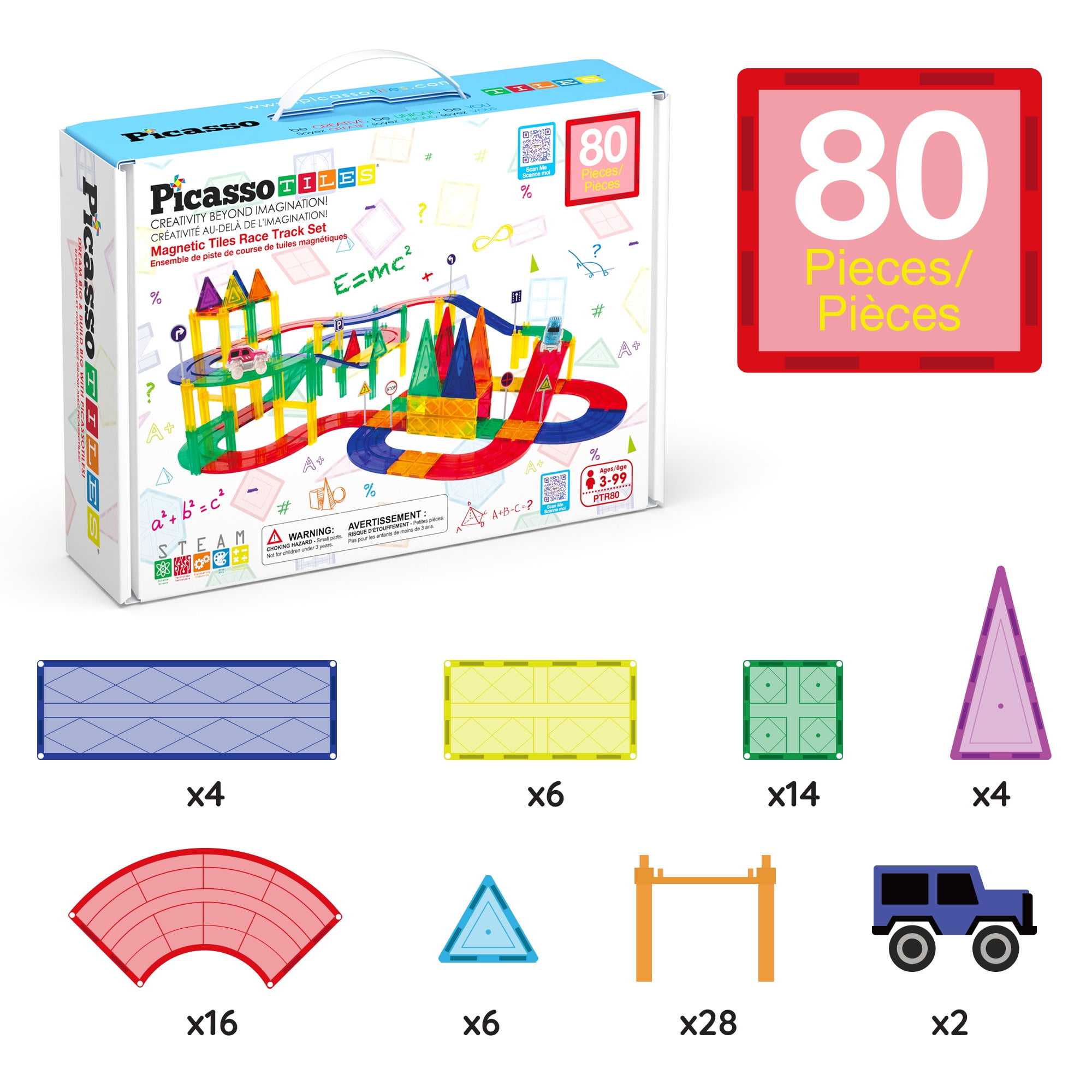 PicassoTiles Race Track Magnetic Tiles for Kids with 2 Racing Cars – 80PCS STEM Construction Building Blocks Educational Toy Set