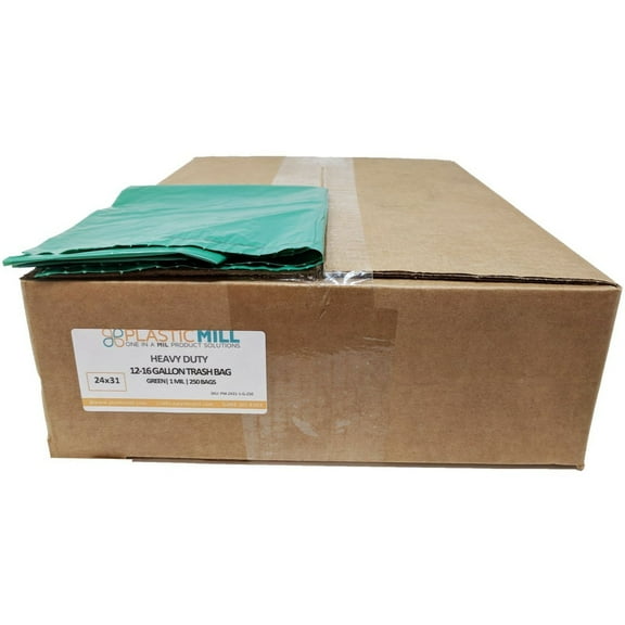 PlasticMill 12-16 Gallon, Green, 1 MIL, 24x31, 250/Case, Garbage Bags/ Trash Can Liners.