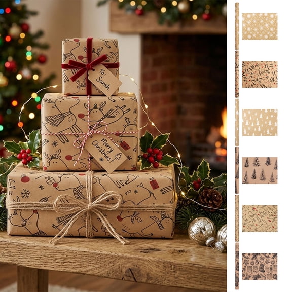 PYURTEP Christmas Wrapping Paper Roll 118 inch, Thick Brown Gift Wrap Paper with Cute Reindeer for Christmas Birthday Festival Party Gift Wrapping