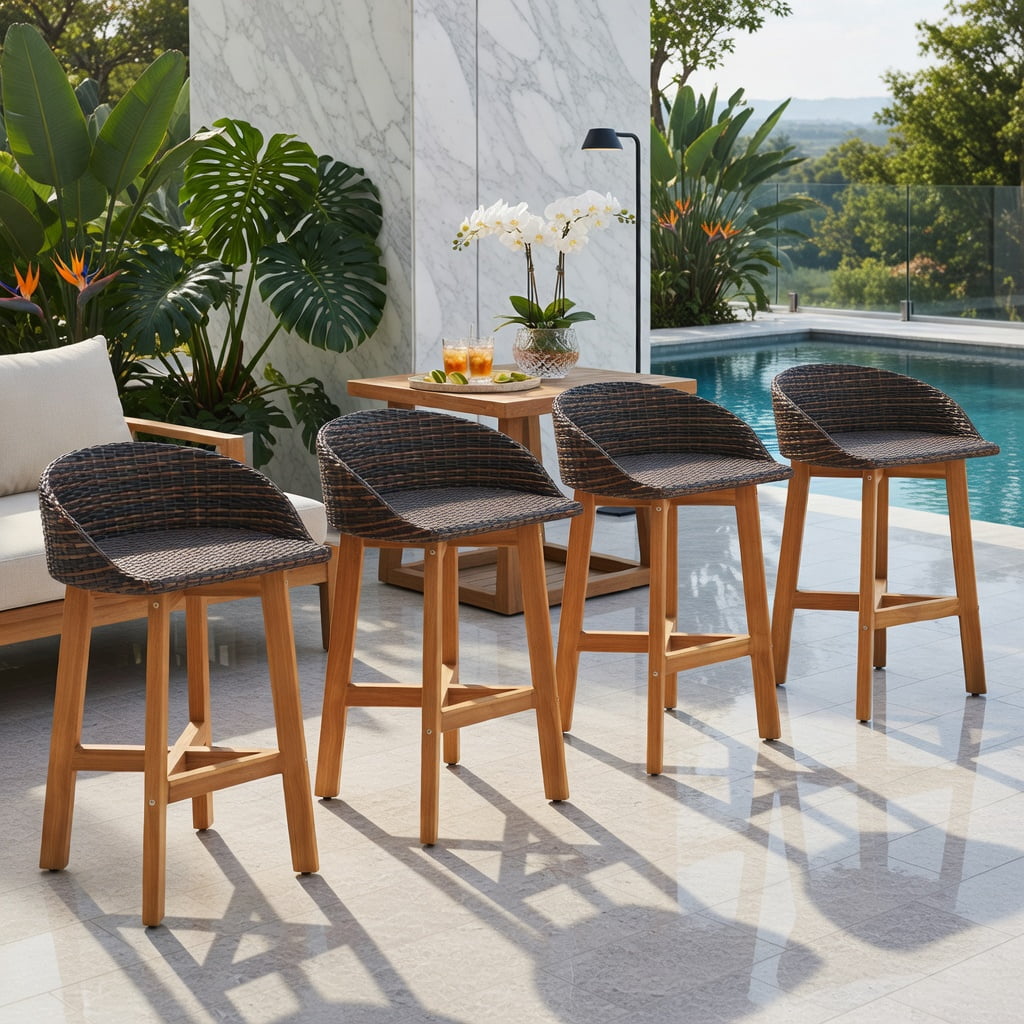 Hommoo 2-Piece Outdoor Bar Chairs Set, PE Rattan & Solid Acacia Wood, Ergonomic Backrest, Footrest, All-Weather Patio Seating, Natural