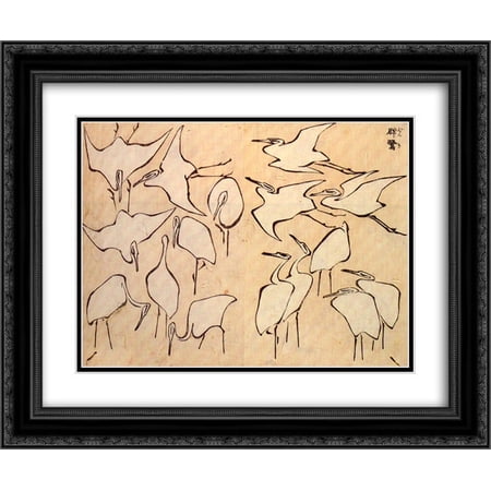 Katsushika Hokusai 2x Matted 24x20 Black Ornate Framed Art Print Cranes from Quick Lessons in Simplified Drawing