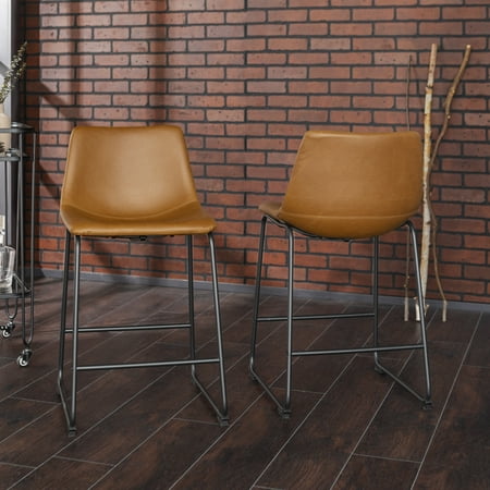 Walker Edison Full Back Faux Leather Counter Stools  Set of 2  Whiskey Brown