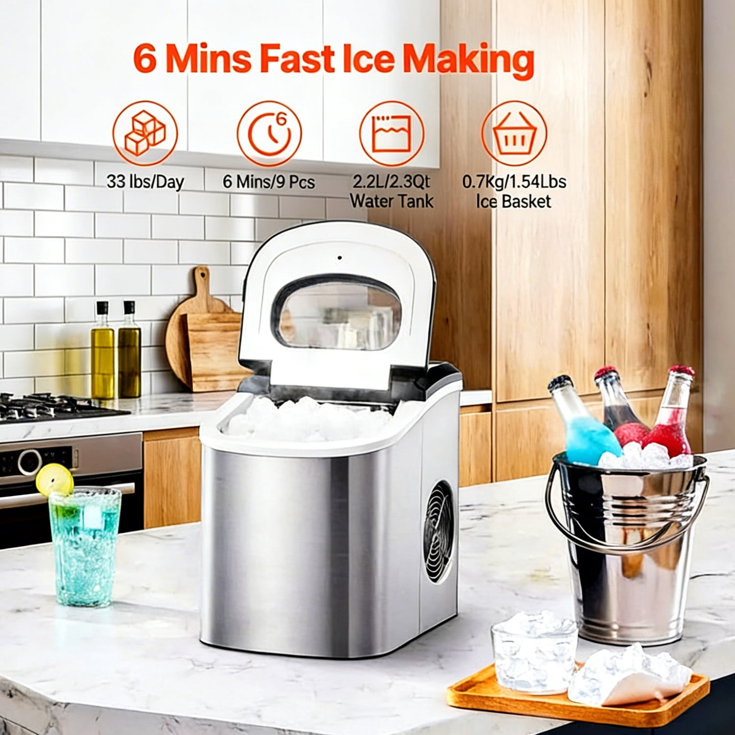 Countertop Ice Maker, 9 Cubes in 6 Mins/33lbs per Day, Self-Cleaning with 2 Bullet Ice Sizes, for Home, Kitchen, Office, Party