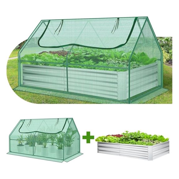 FASCK 6x3x3 Feet Galvanized Raised Garden Bed with Greenhouse Cover, Metal Planter for Flowers Vegetables