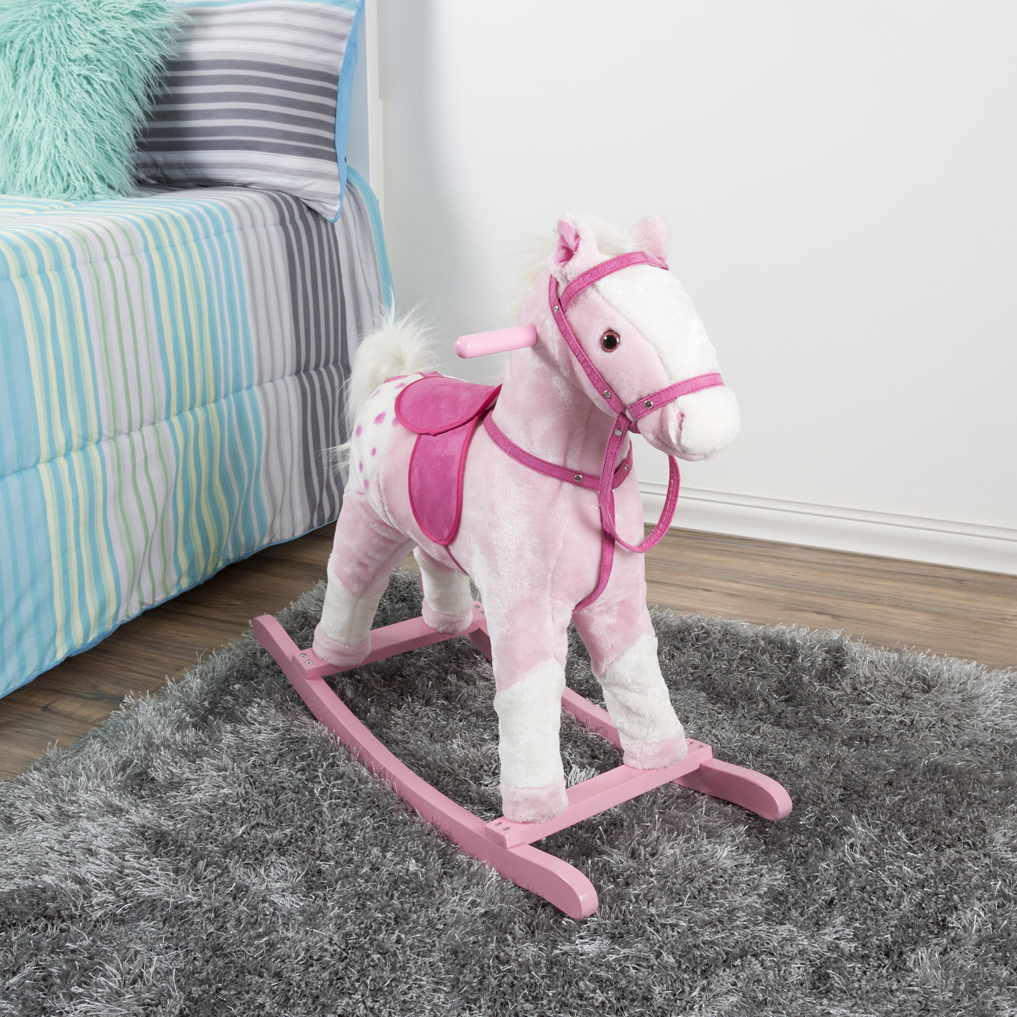 Rocking Horse Plush Animal on Wooden Rockers with Sounds, Stirrups